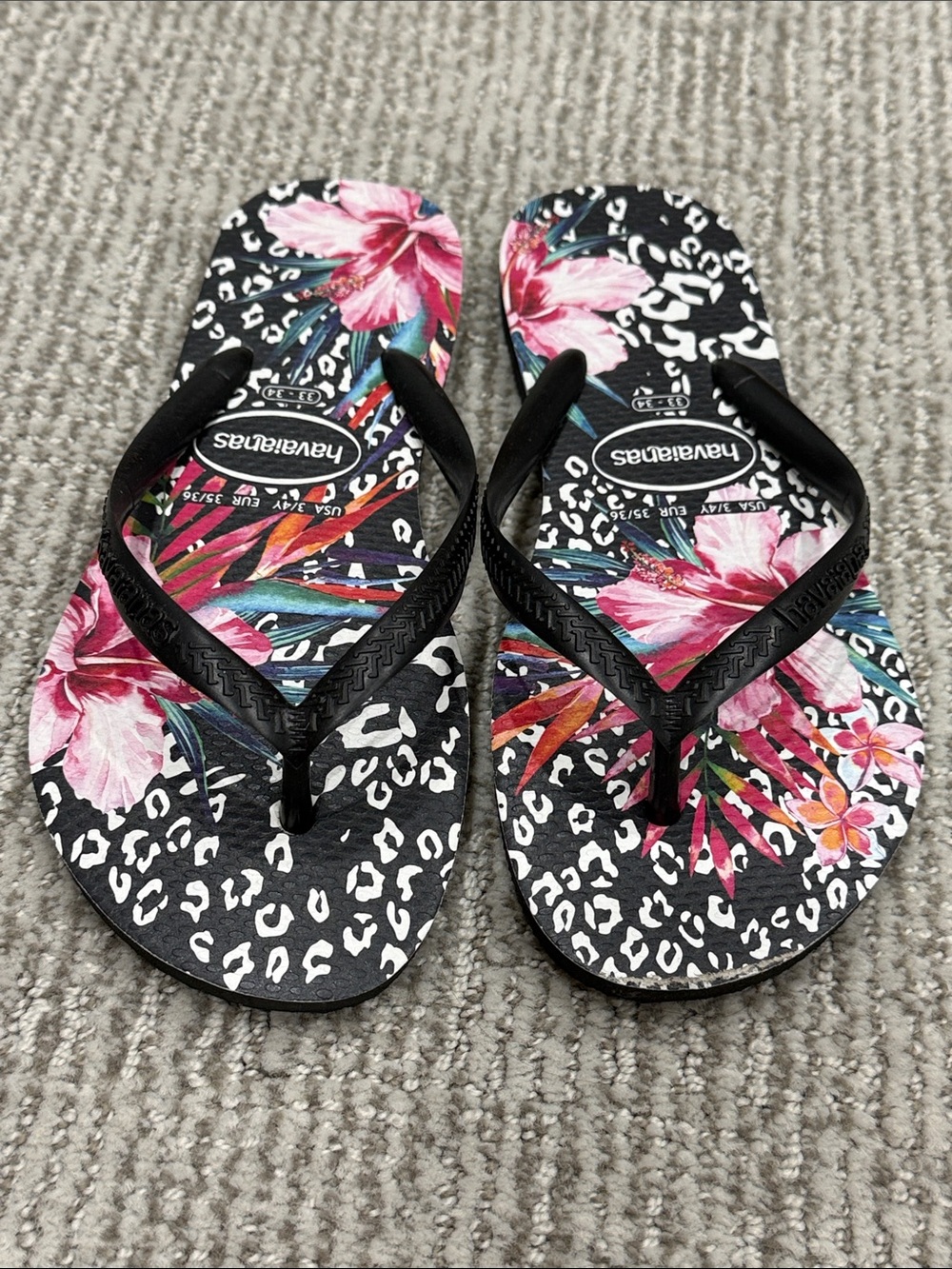 Havaianas Black Flip Flops with Pink Floral Print